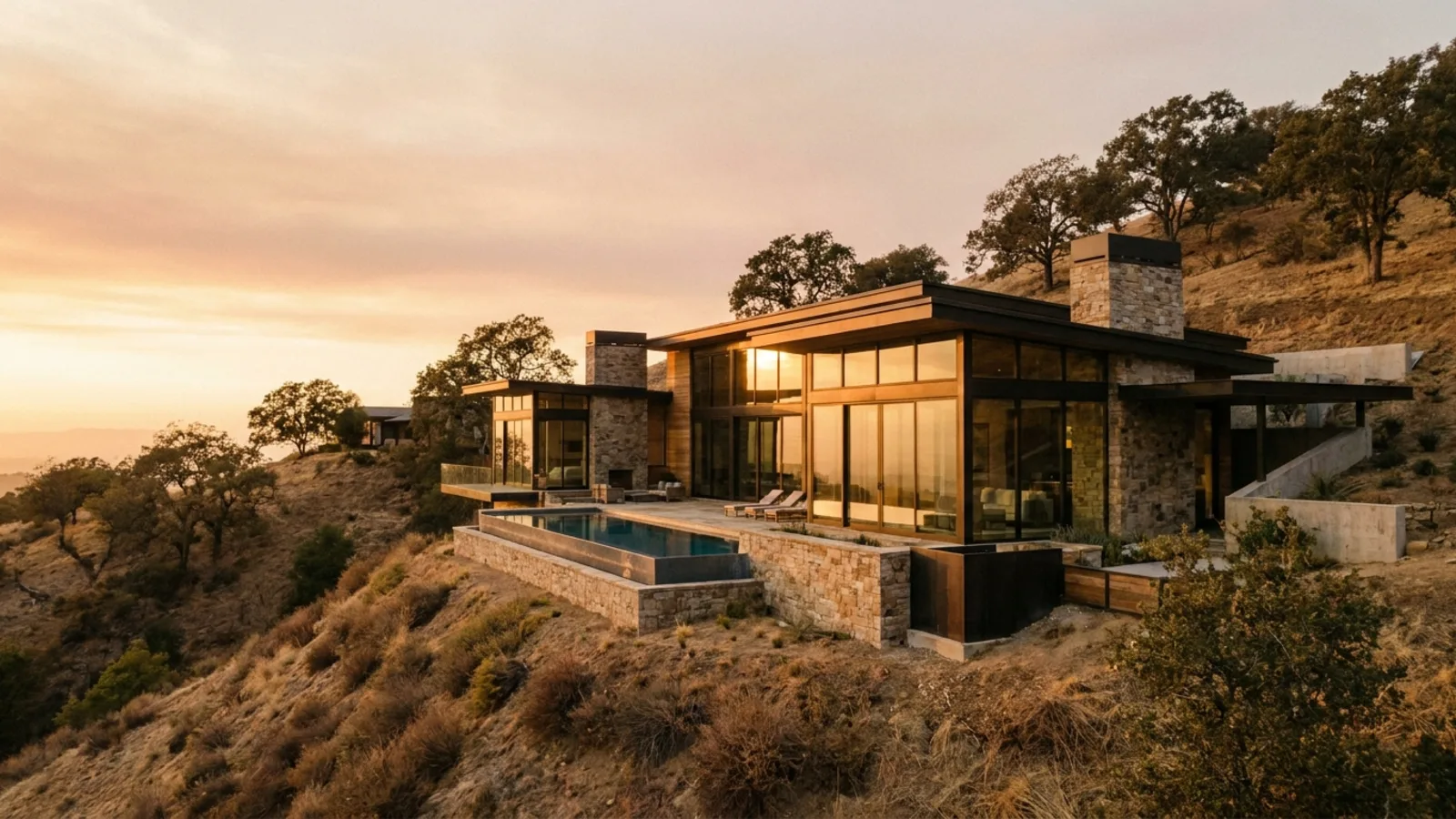 A grand modern hillside luxury estate at golden hour, floor-to-ceiling windows catching warm low-angle sunlight against an amber sky over the hillside landscape