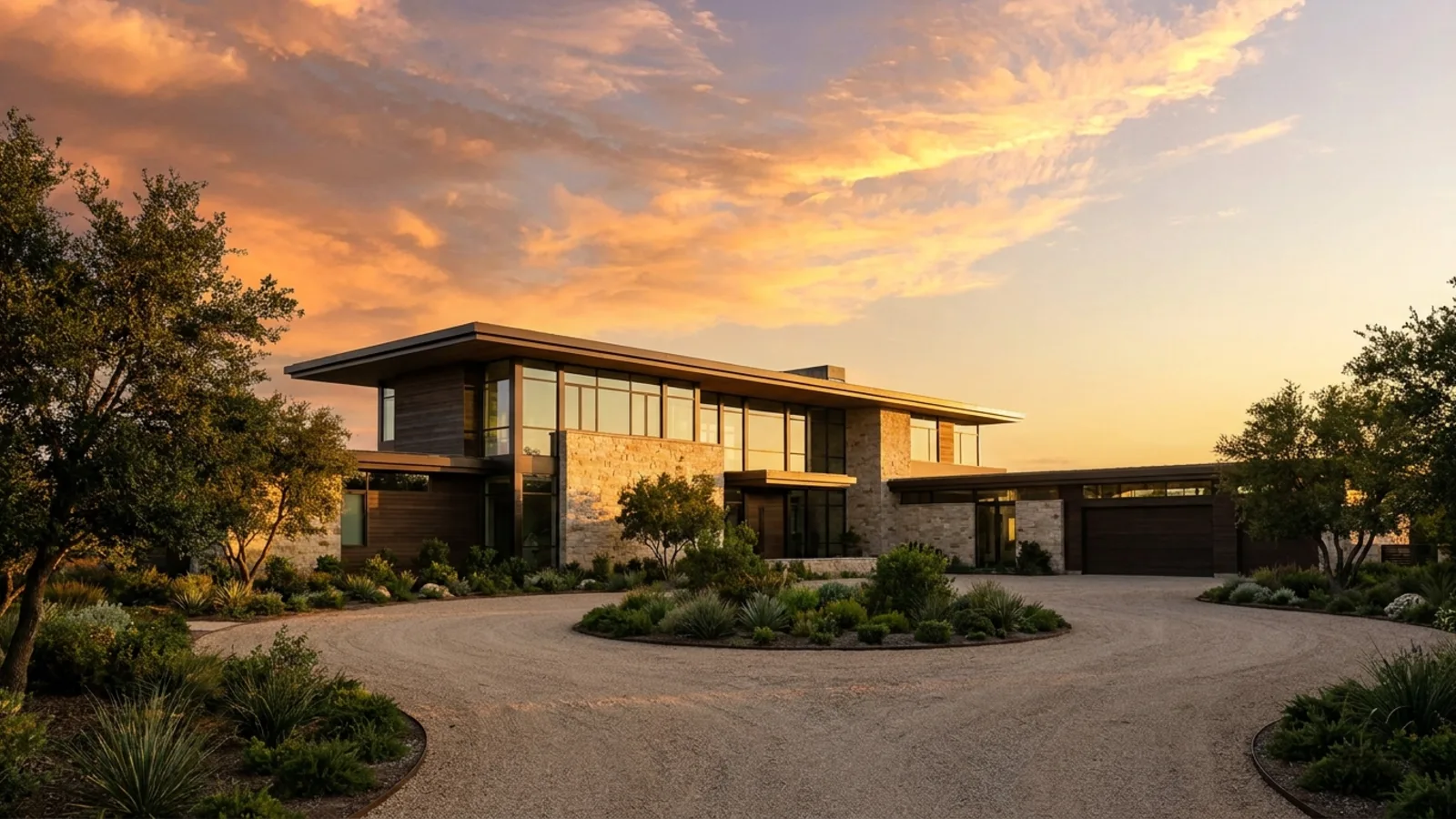A large modern luxury estate at golden hour viewed from an empty circular driveway, the facade bathed in warm low-angle sunlight against a golden-orange sky