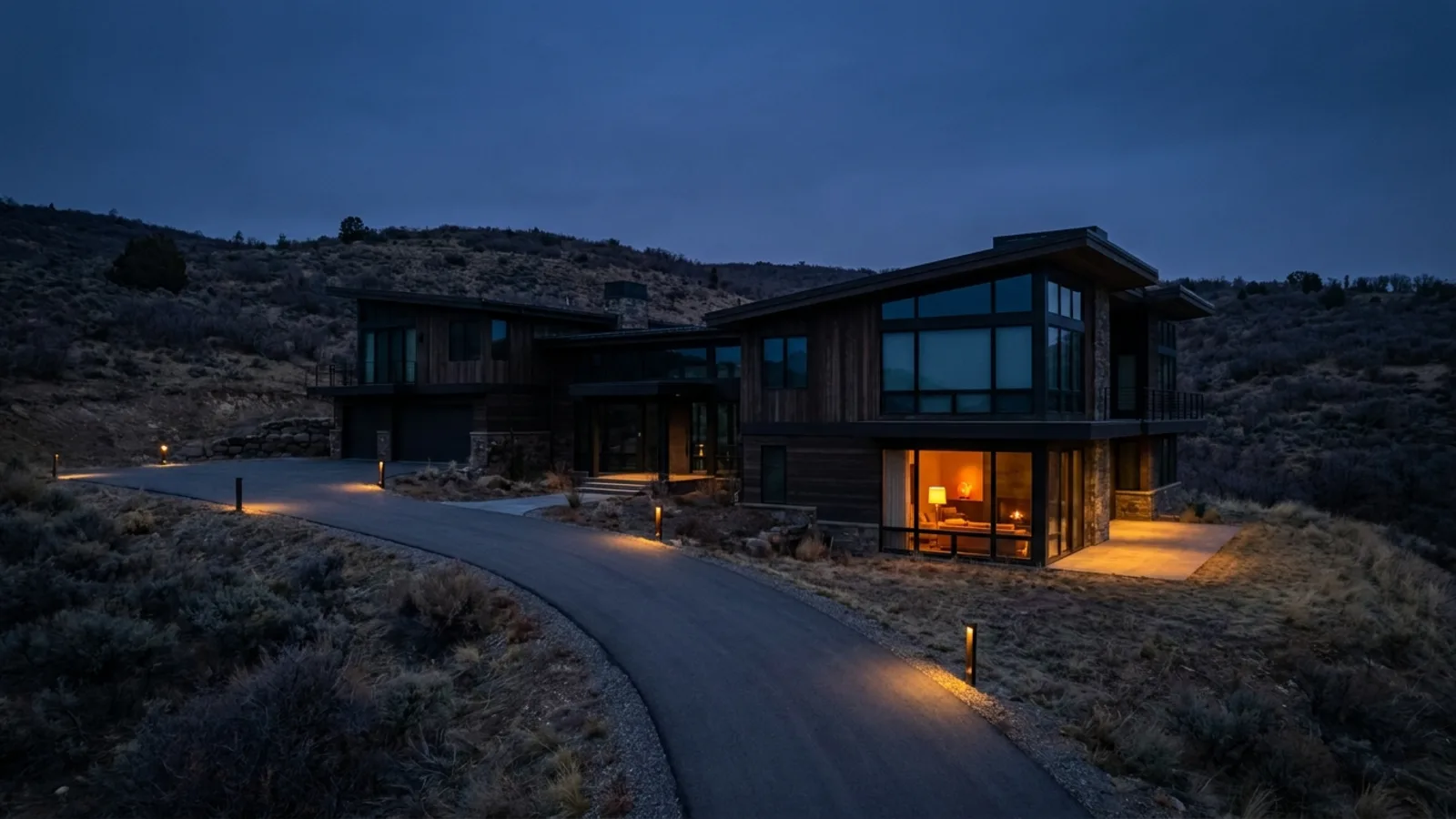 A large modern hillside luxury estate at dusk, most windows dark, a single room glowing warm against a deep blue-black sky and an empty driveway